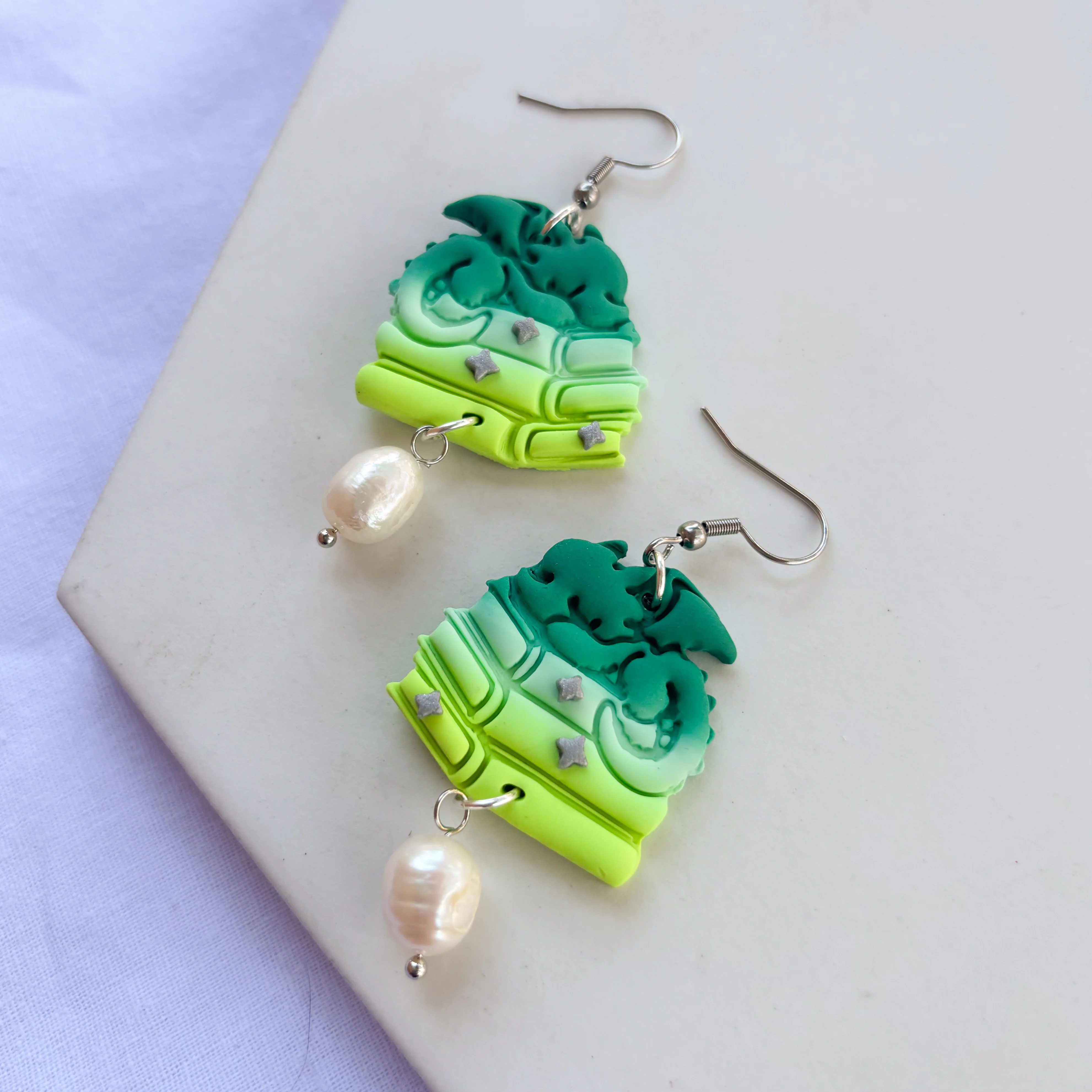 DRAGON ON BOOKS EARRINGS (ELECTRIC GREEN) - Image 3