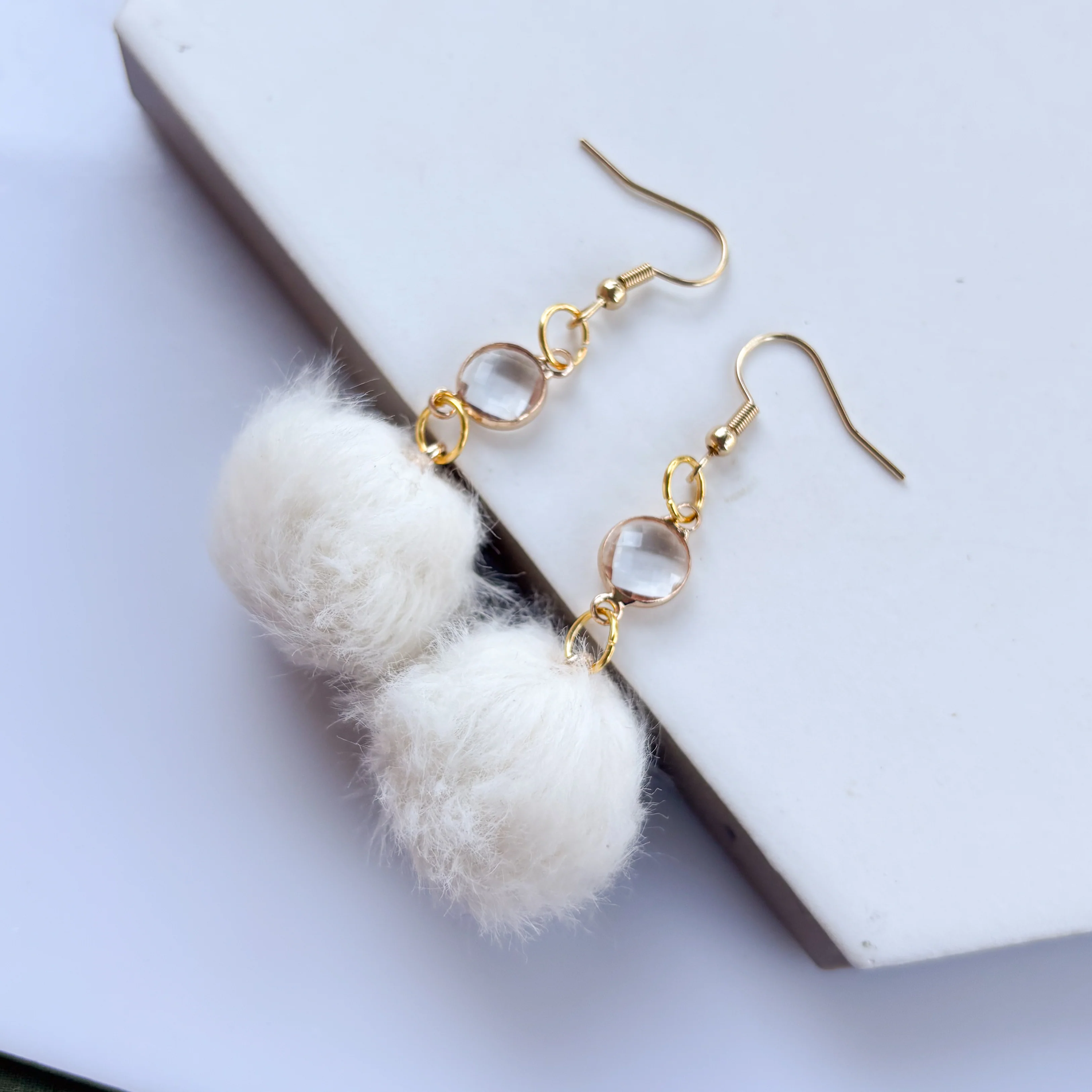 WHITE POM POM & GEM CHARM EARRINGS - Image 2