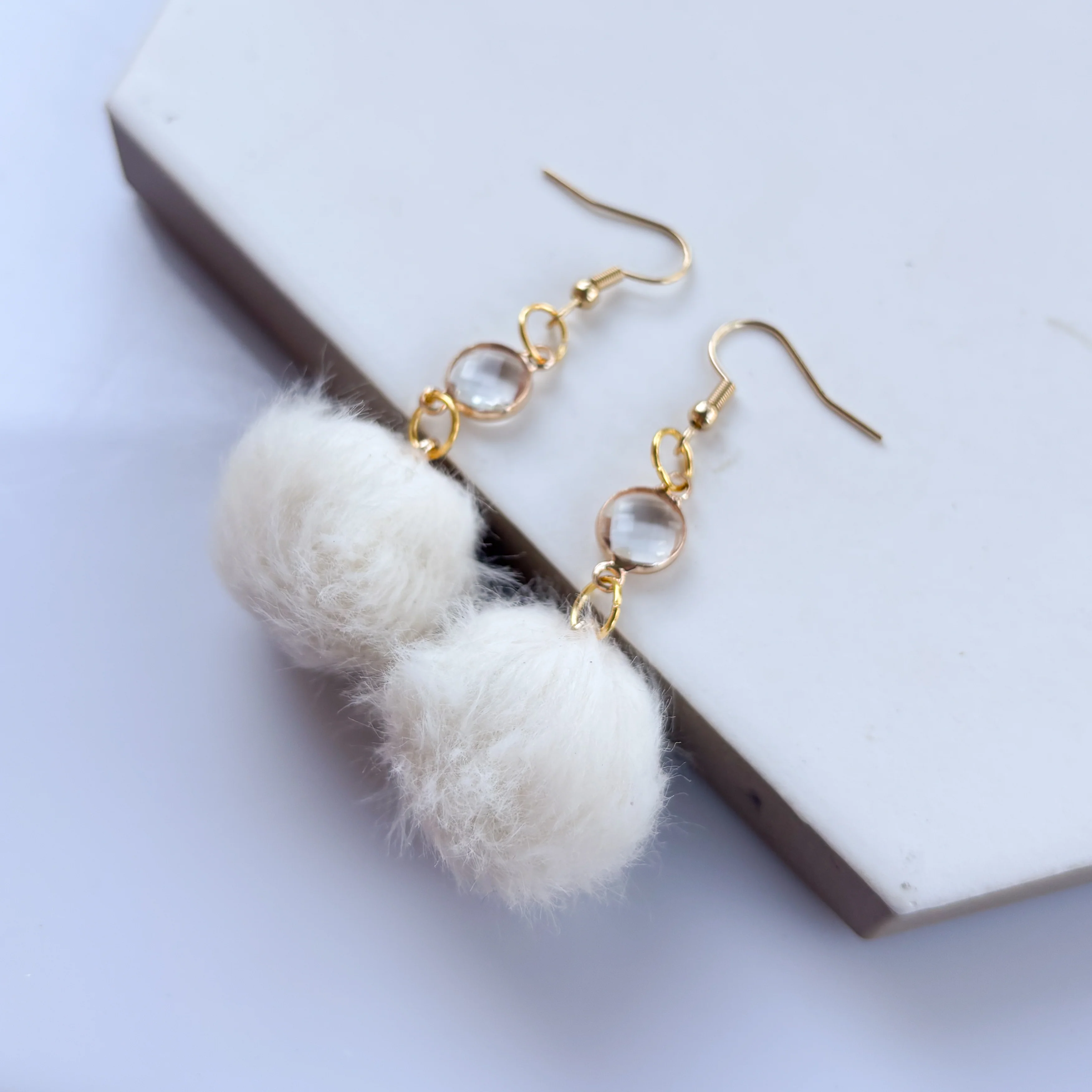 WHITE POM POM & GEM CHARM EARRINGS - Image 3