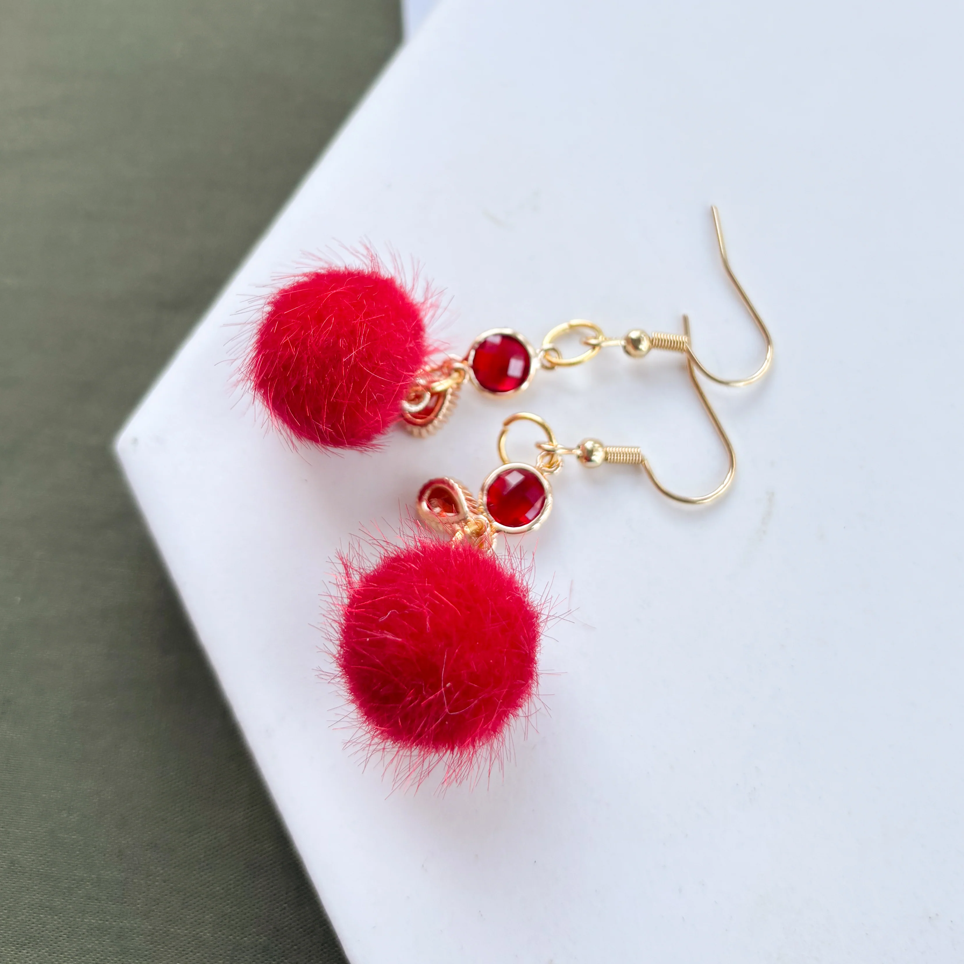 RED MINI POM POM & GEMS CHARM EARRINGS - Image 2