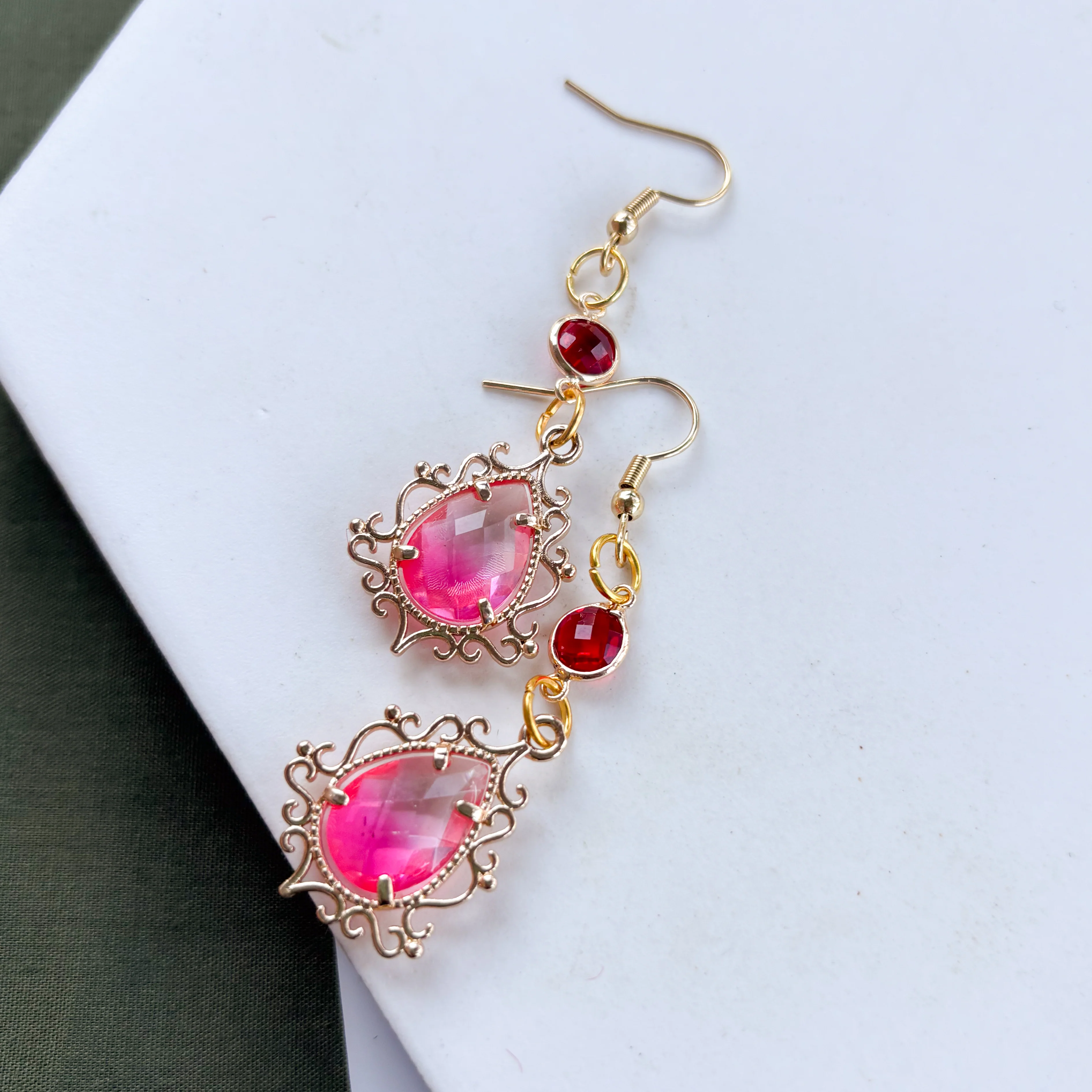 PINK & RED ORNATE GEM CHARM EARRINGS - Image 2