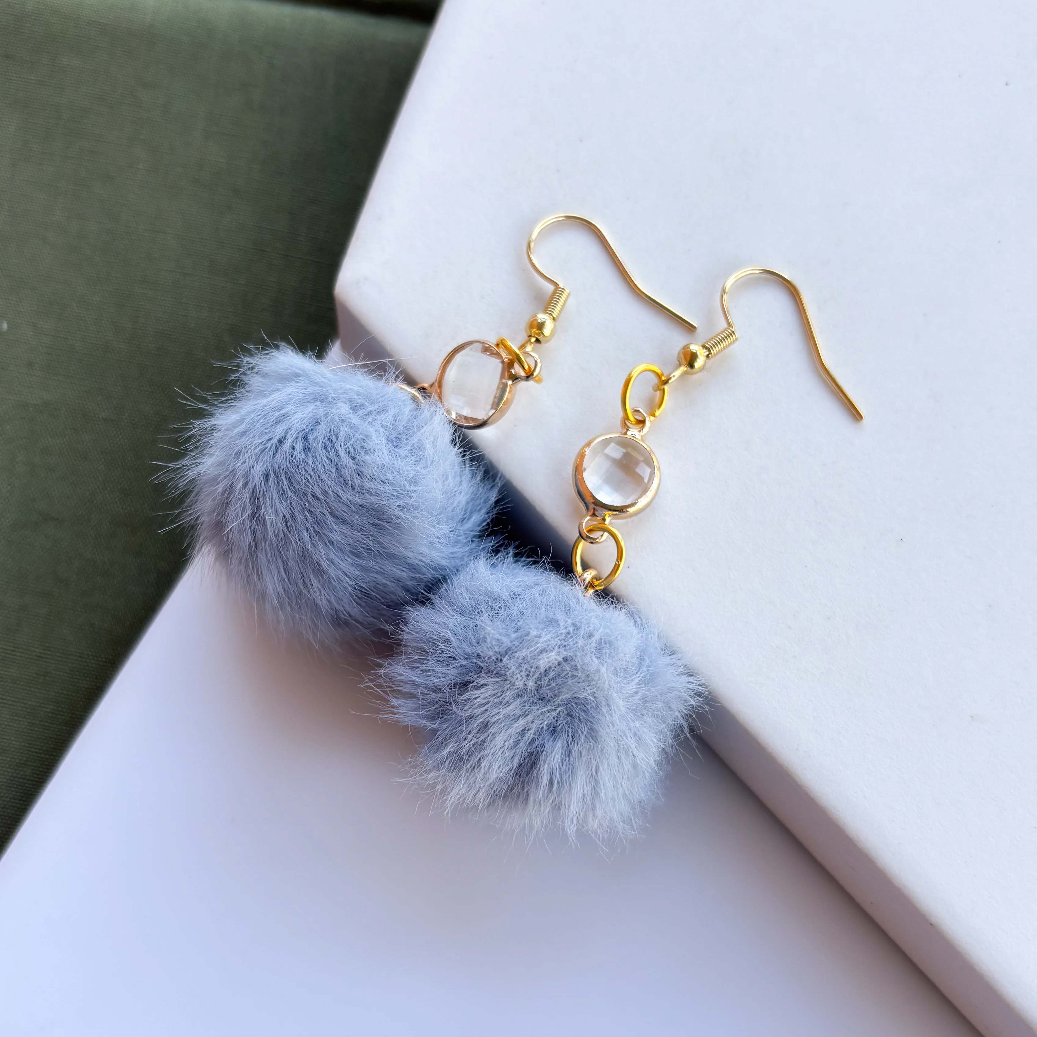 BLUE POM POM & GEM CHARM EARRINGS - Image 2