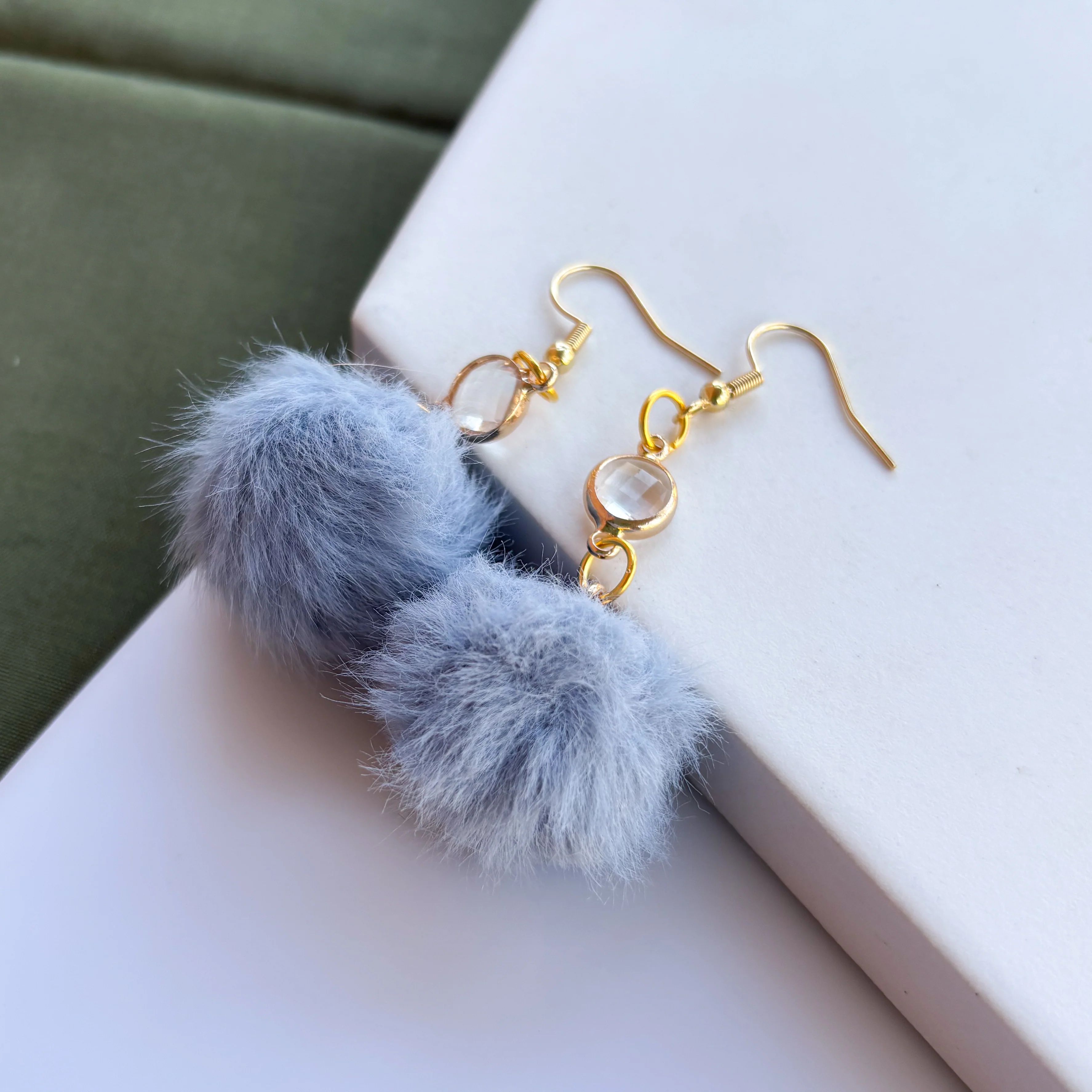 BLUE POM POM & GEM CHARM EARRINGS - Image 3