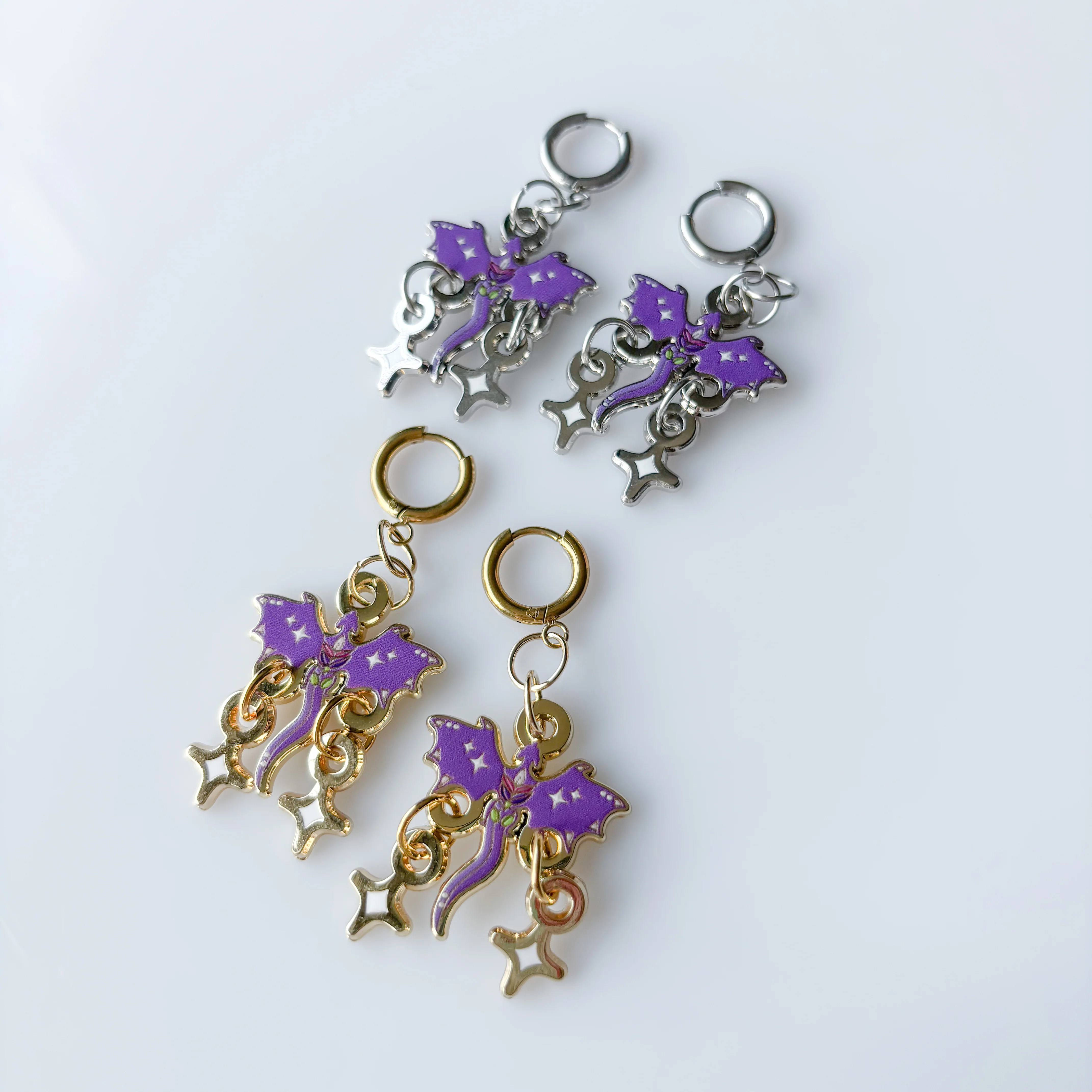 DISCOUNTED - PURPLE LILAC LAVENDER DRAGON METAL EARRINGS - Image 2