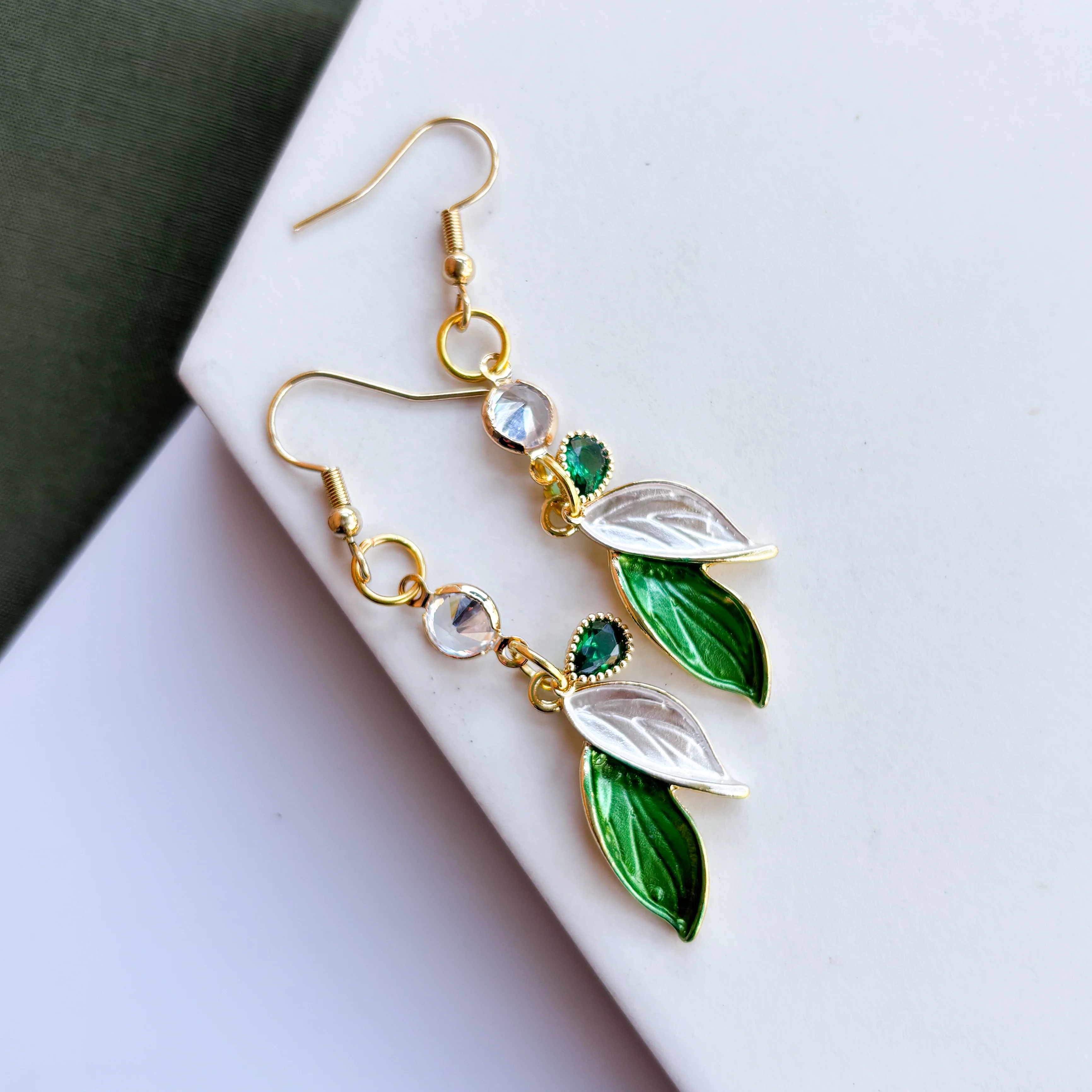 DUO LEAF GREEN & WHITE GEM CHARM EARRINGS - Image 2