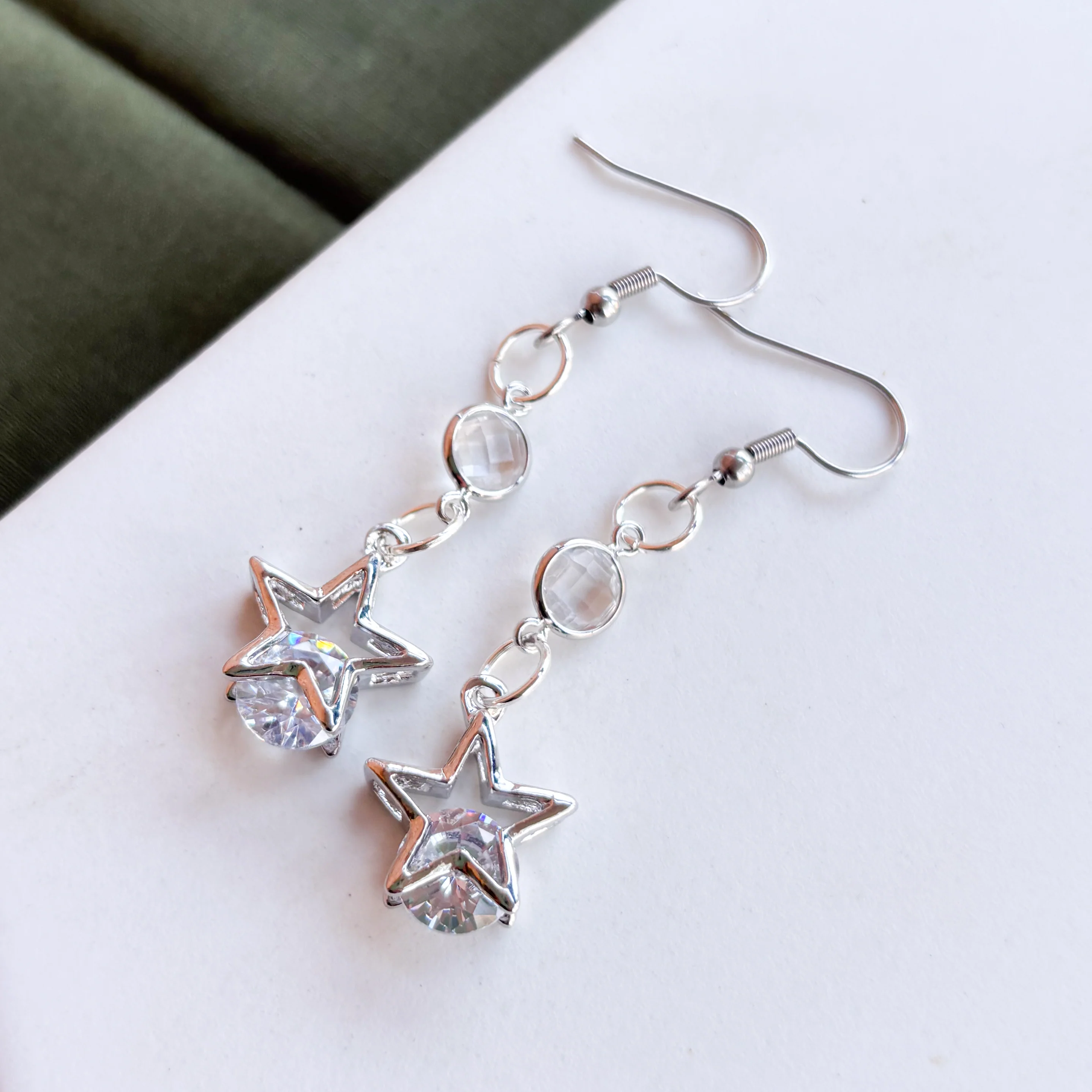 SILVER STAR & GEM CHARM EARRINGS - Image 1