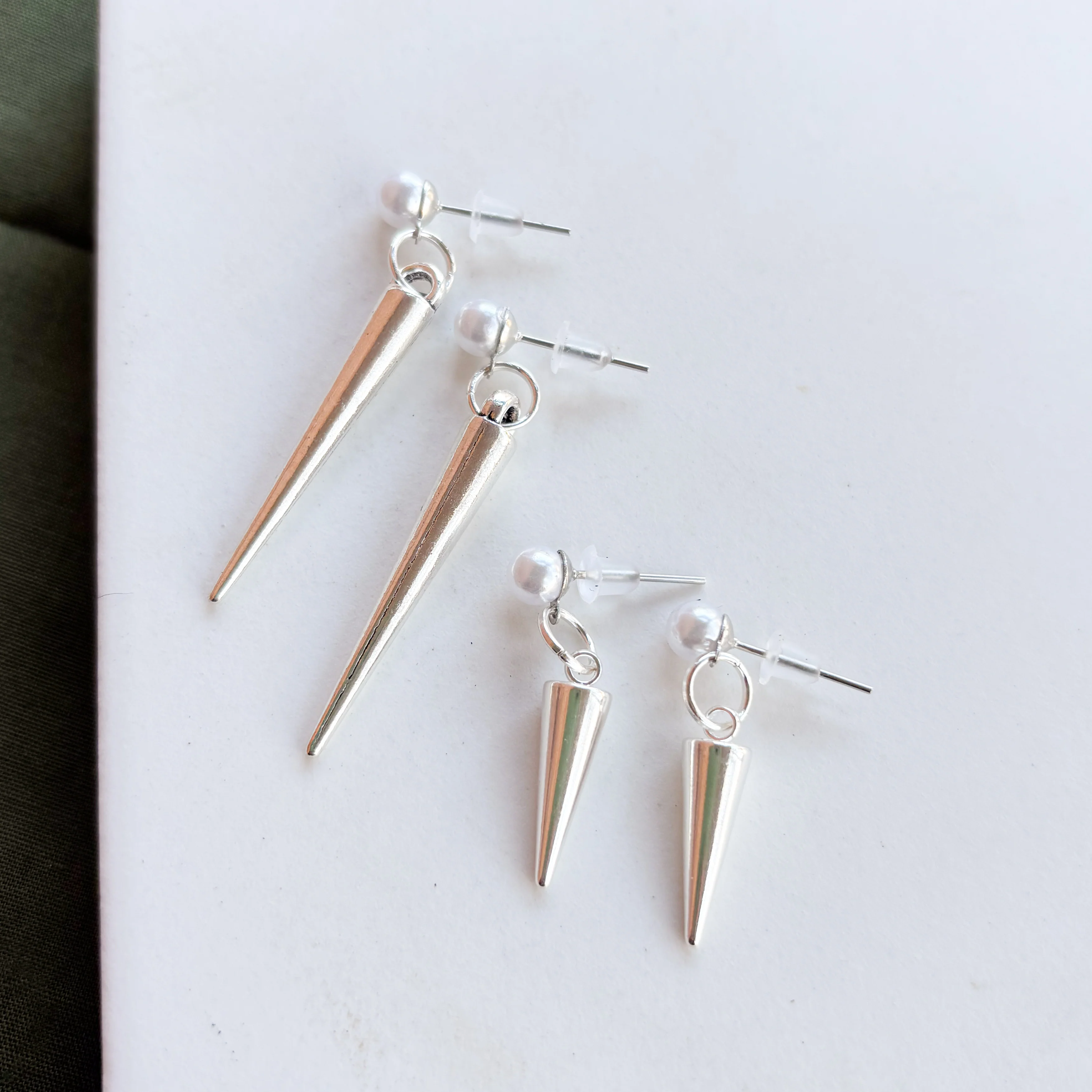 PEARL & SILVER SPIKE STUD CHARM EARRINGS - Image 2