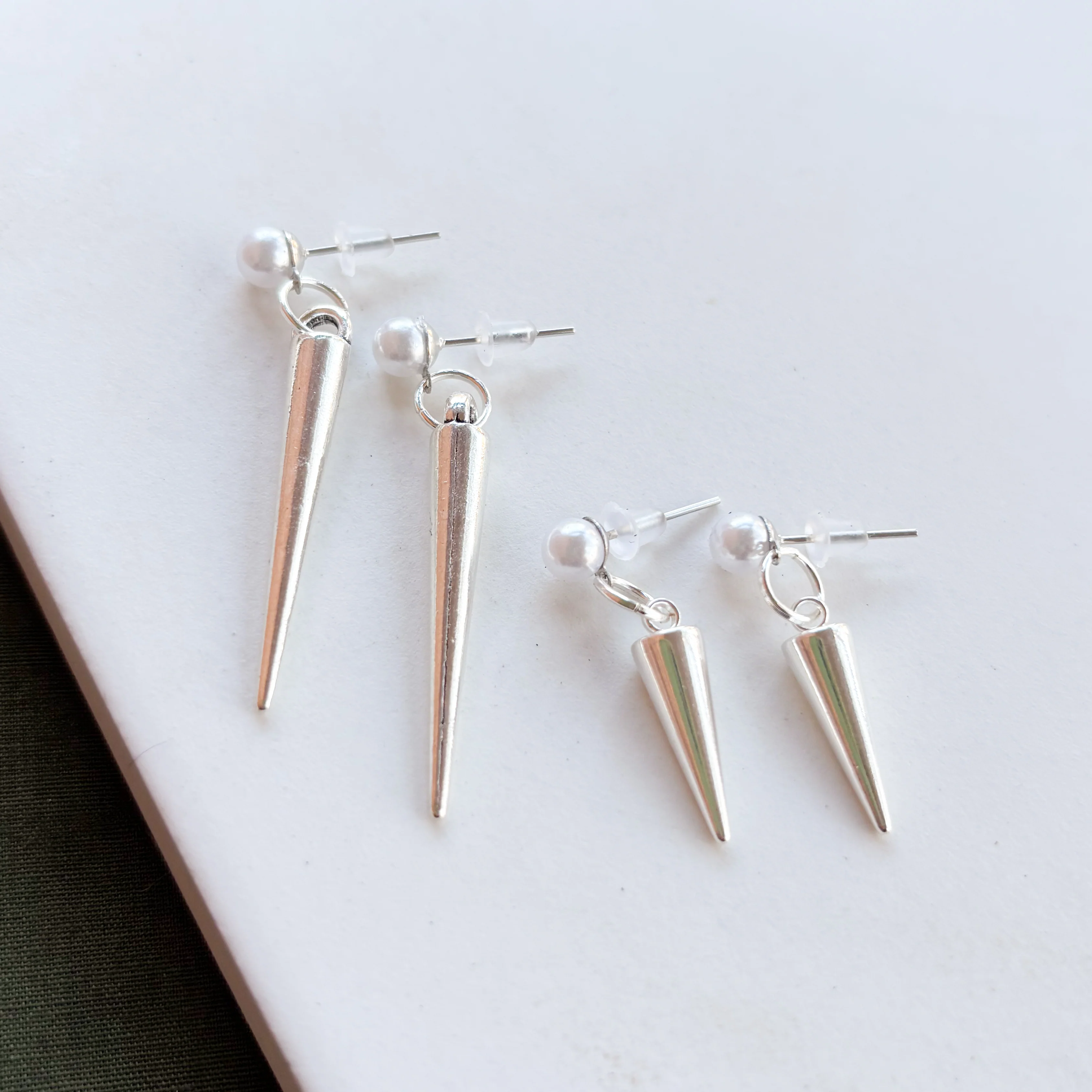 PEARL & SILVER SPIKE STUD CHARM EARRINGS - Image 3