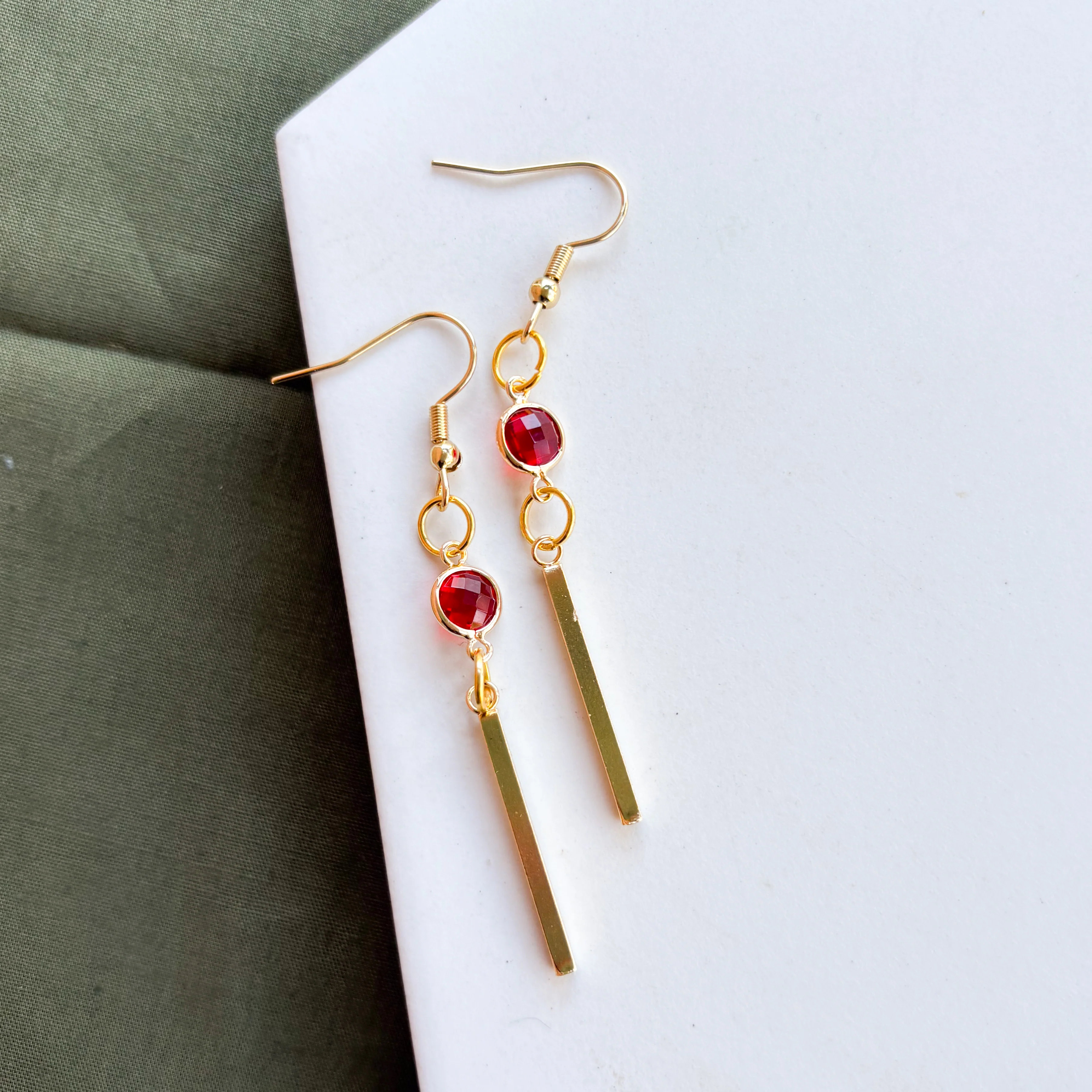 RED GEM & GOLD THIN RECTANGLE CHARM EARRINGS - Image 2