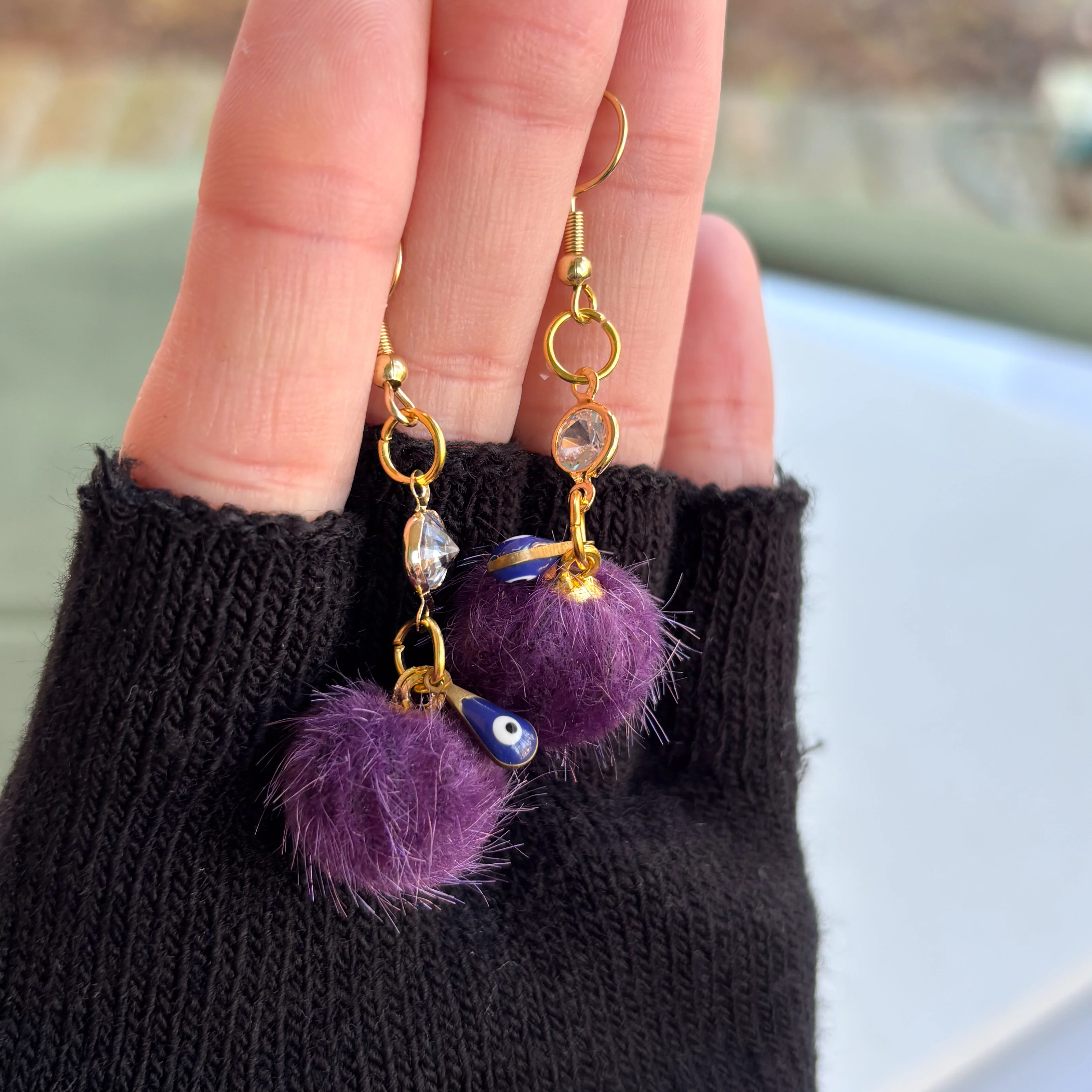 PURPLE & EVIL EYE MINI POM POM & GEM CHARM EARRINGS - Image 2