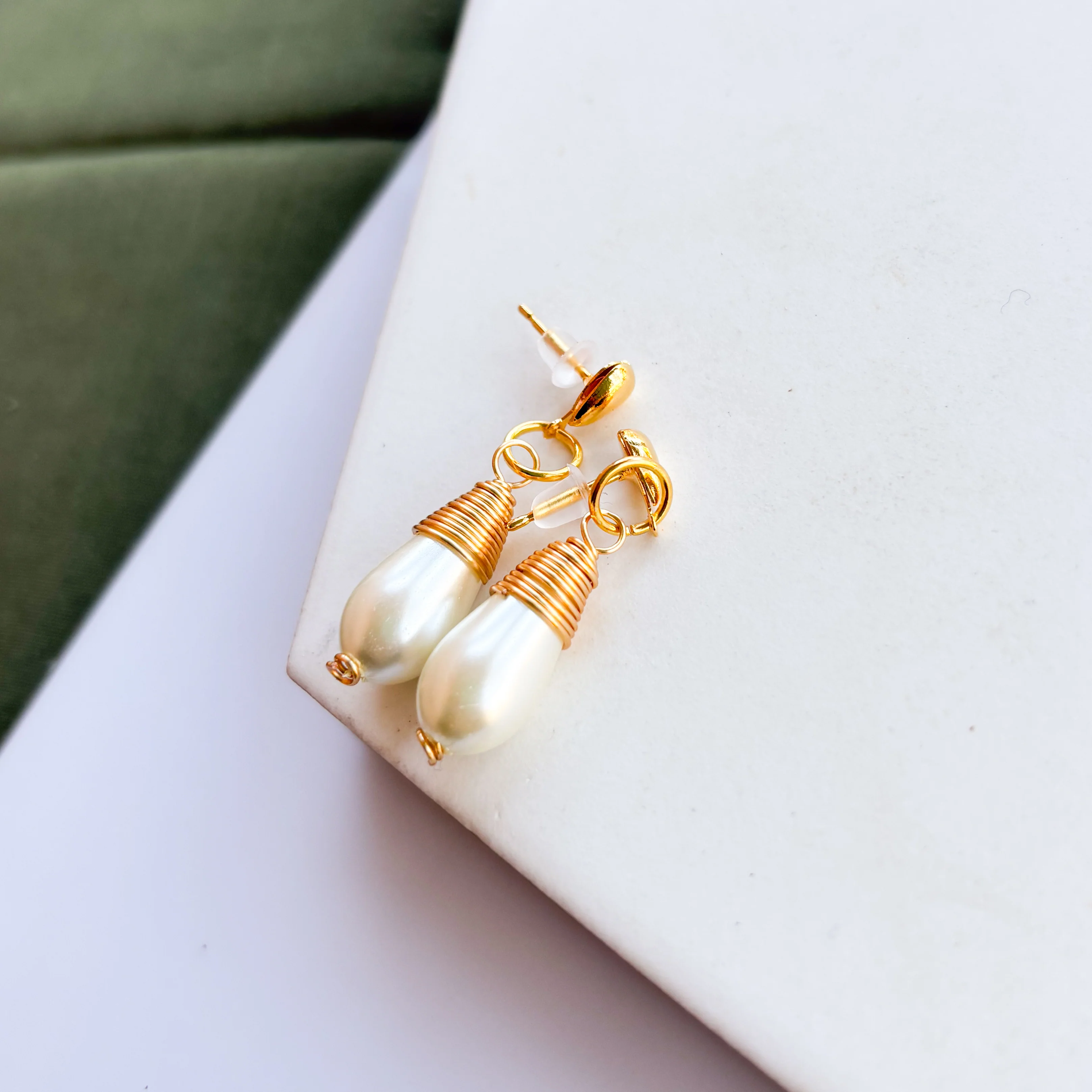 GOLD WRAPPED PEARL STUD CHARM EARRINGS - Image 2