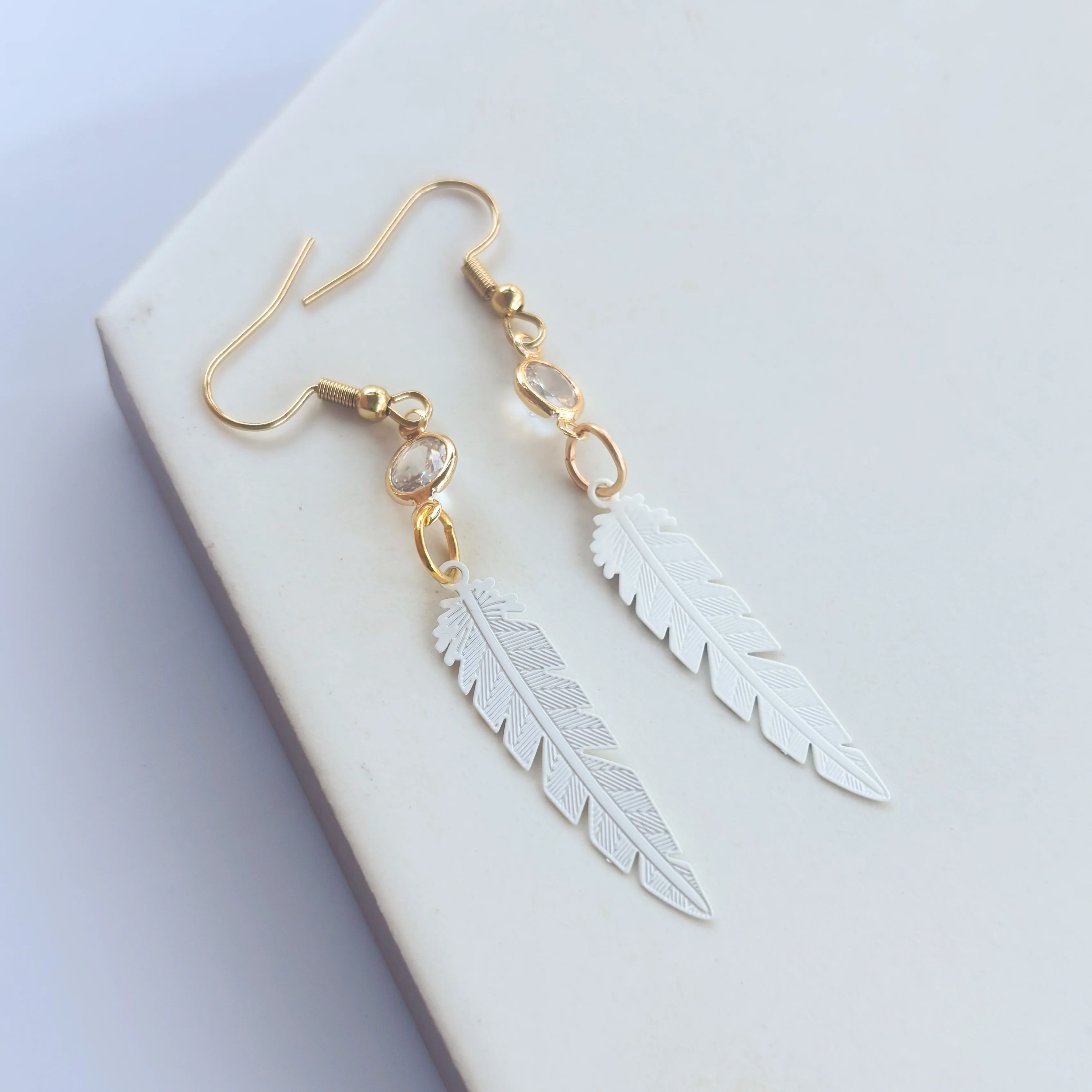 WHITE FEATHER CHARM EARRINGS