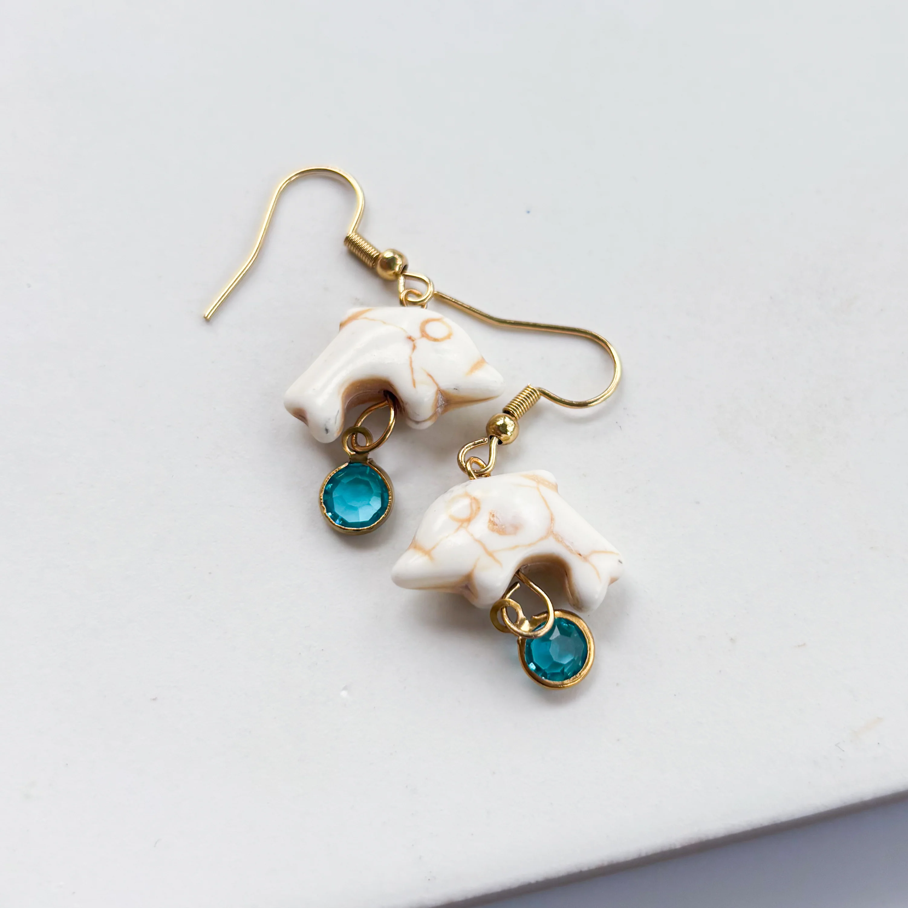 DOLPHIN & BLUE GEM CHARM EARRINGS