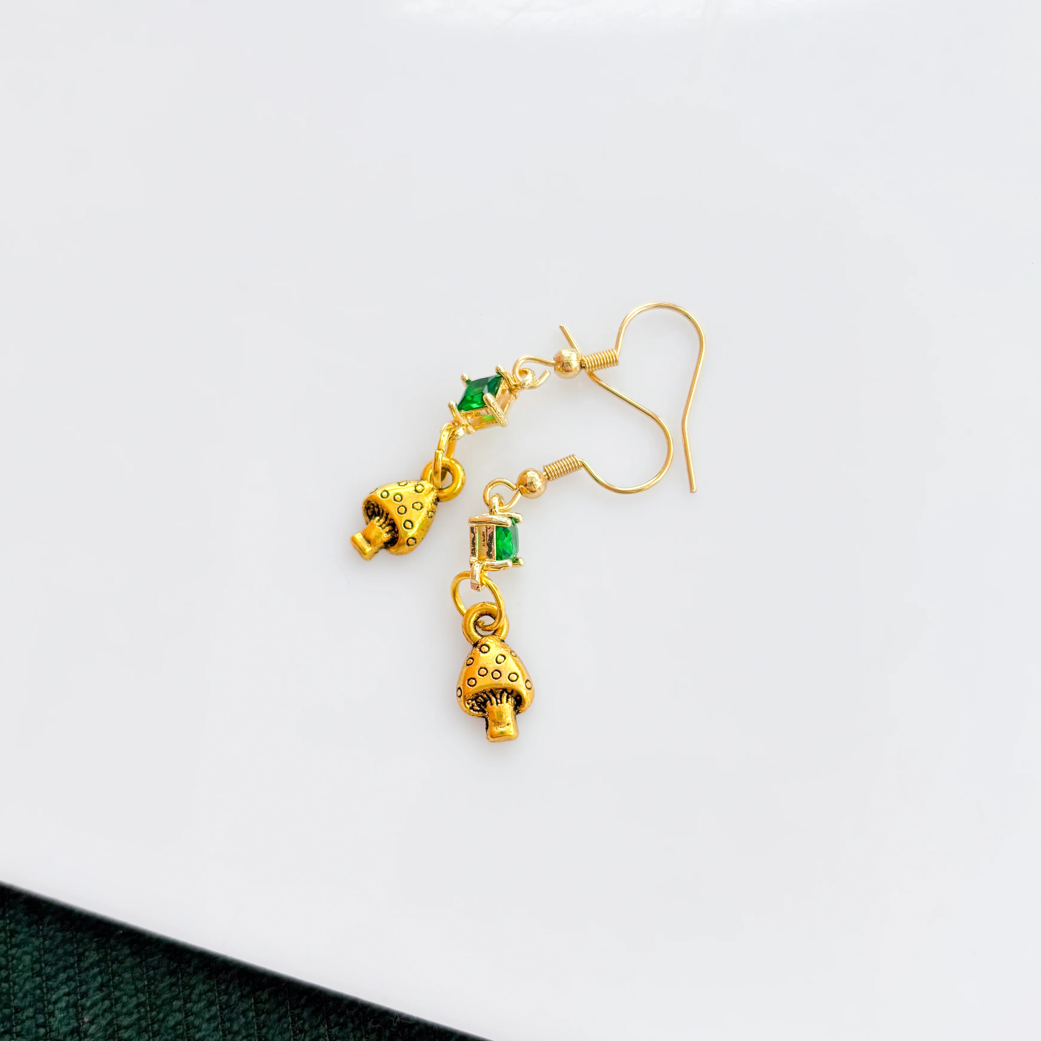 GOLD MUSHROOM & GREEN GEM CHARM EARRINGS - Image 2