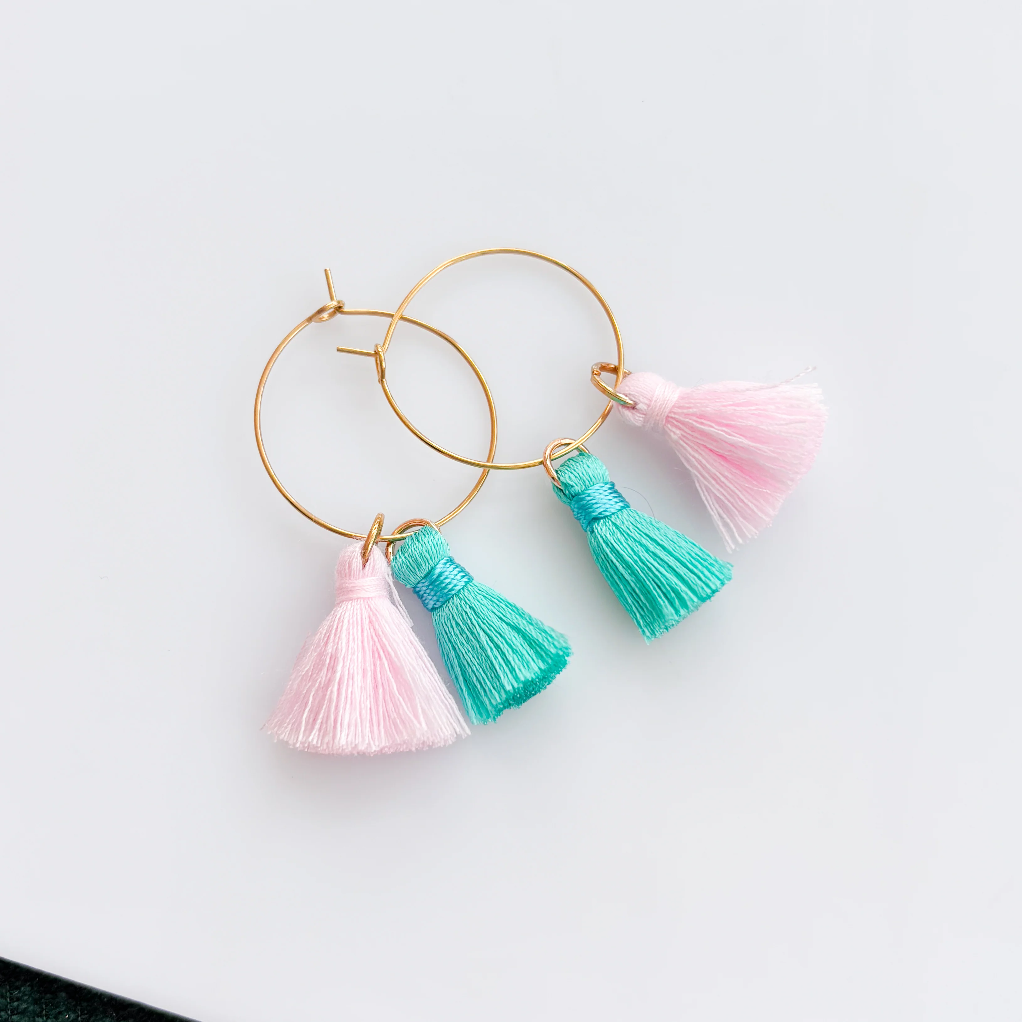PINK & TEAL TASSEL HOOP EARRINGS - Image 2
