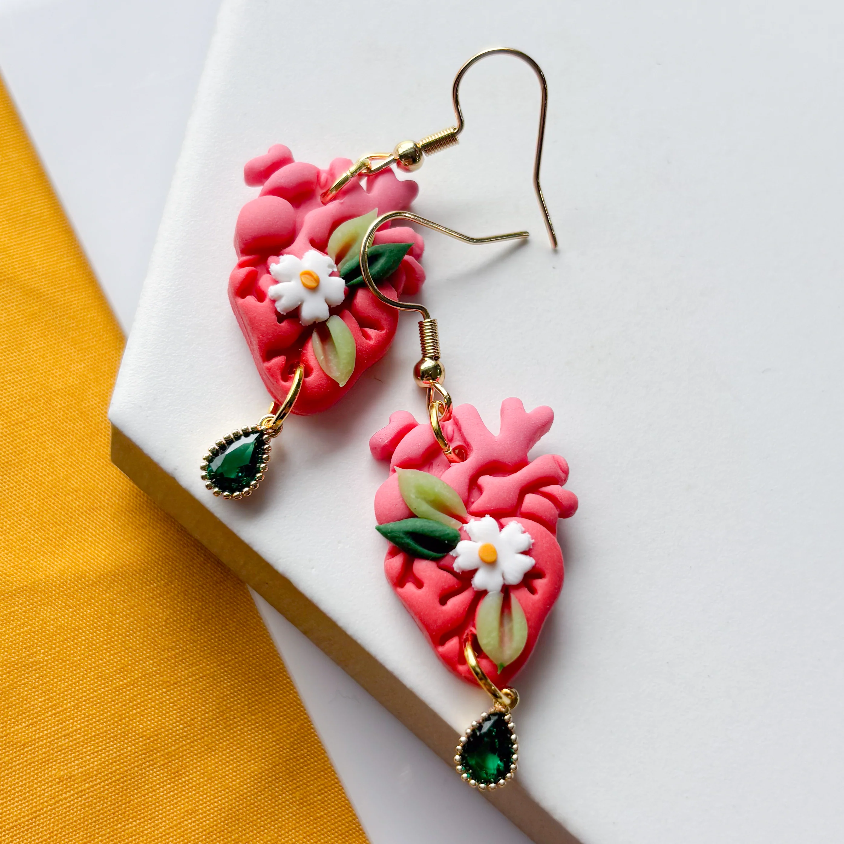 PINK DAISY ANATOMICAL HEART EARRINGS - Image 3