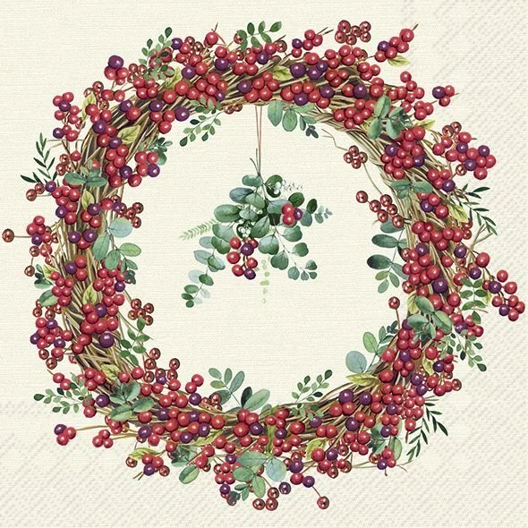 Cocktail Napkin, Berry Wreath