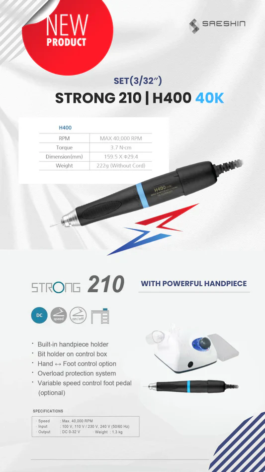 Saeshin Strong 210 / H400 40K RPM Nail Drill - Image 3