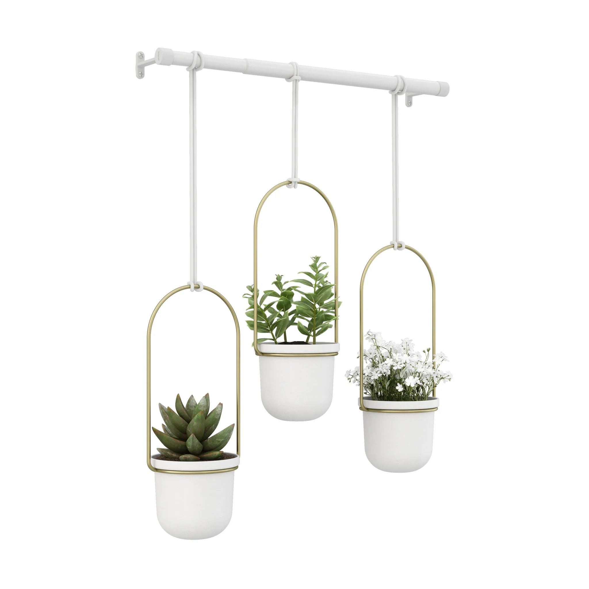 Hanging Planter, White/Brass - Image 1