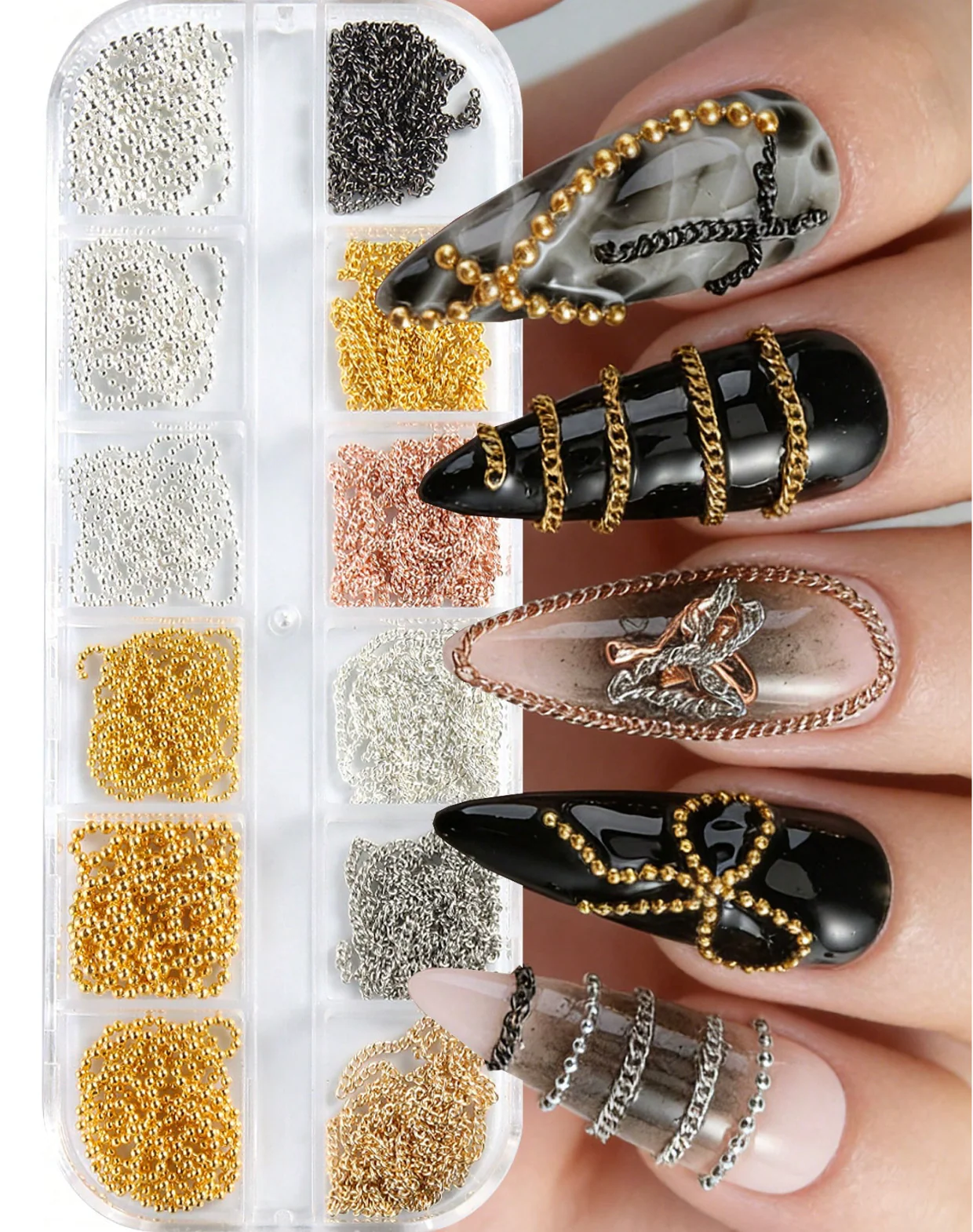 Gold & Silver Nail Chain Set (12 Grids) - Image 1