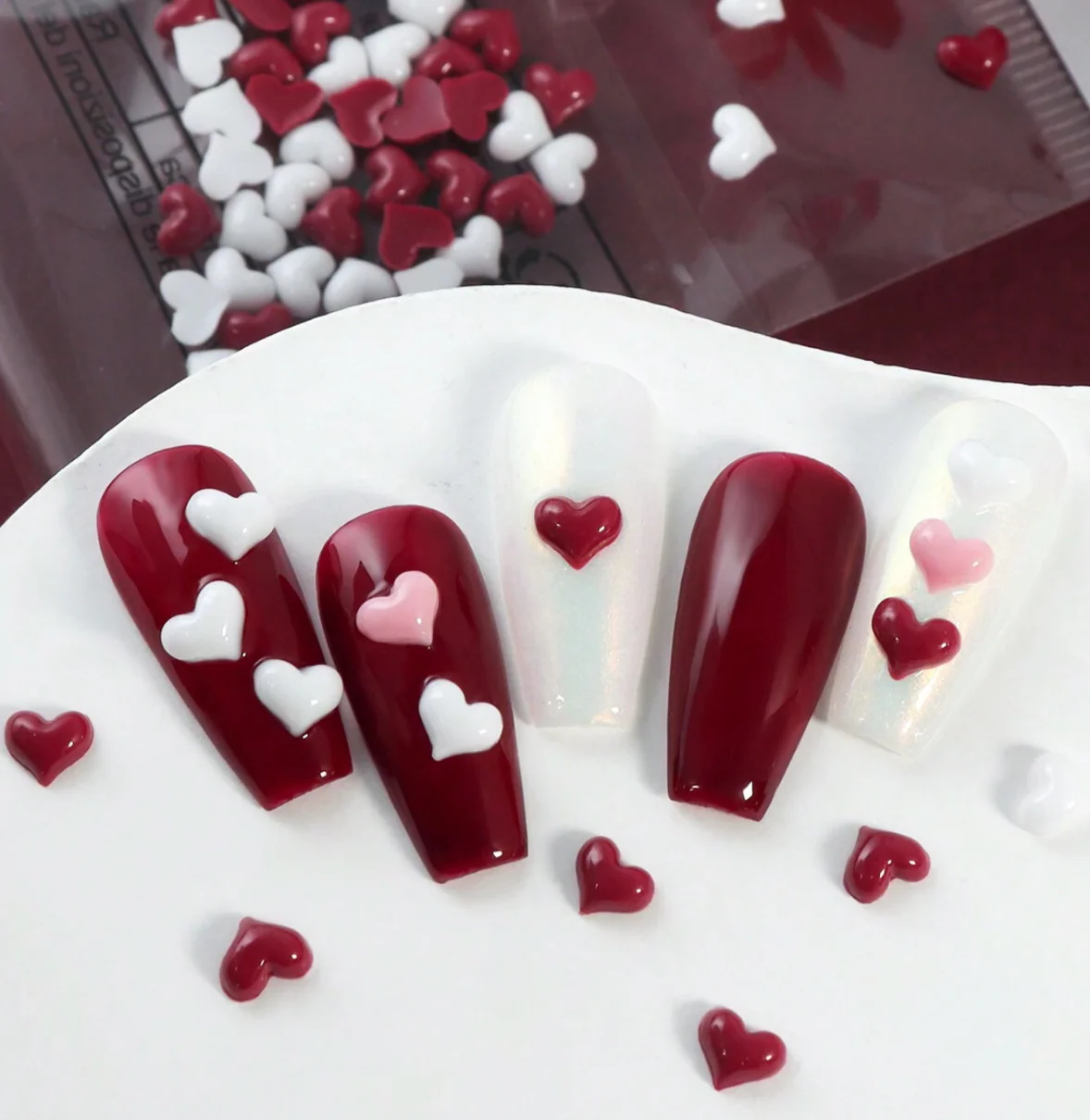 Mini Heart Nail Charms, Mixed White & Burgundy