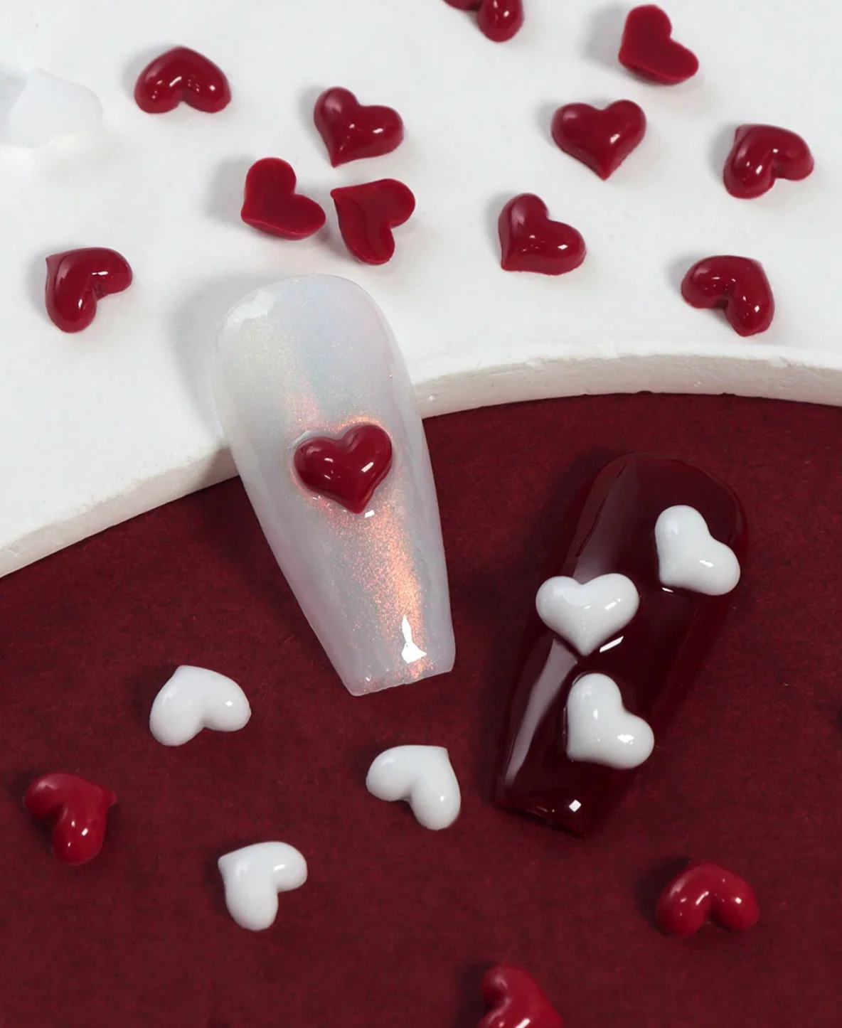 Mini Heart Nail Charms, Mixed White & Burgundy - Image 2