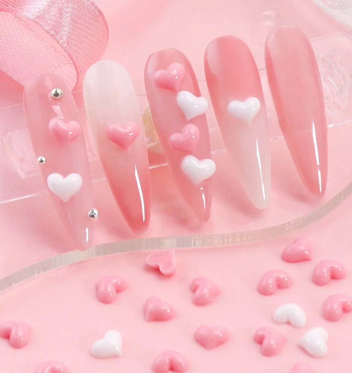 Mini Heart Nail Charms, White & Pink Mixed - Image 3