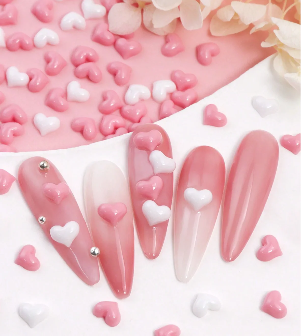 Mini Heart Nail Charms, White & Pink Mixed