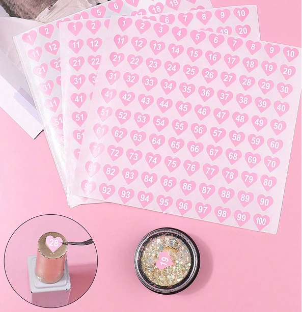 Nail Number Stickers for Gel Polish and Swatches – Pink Heart, 2pcs (1–100)