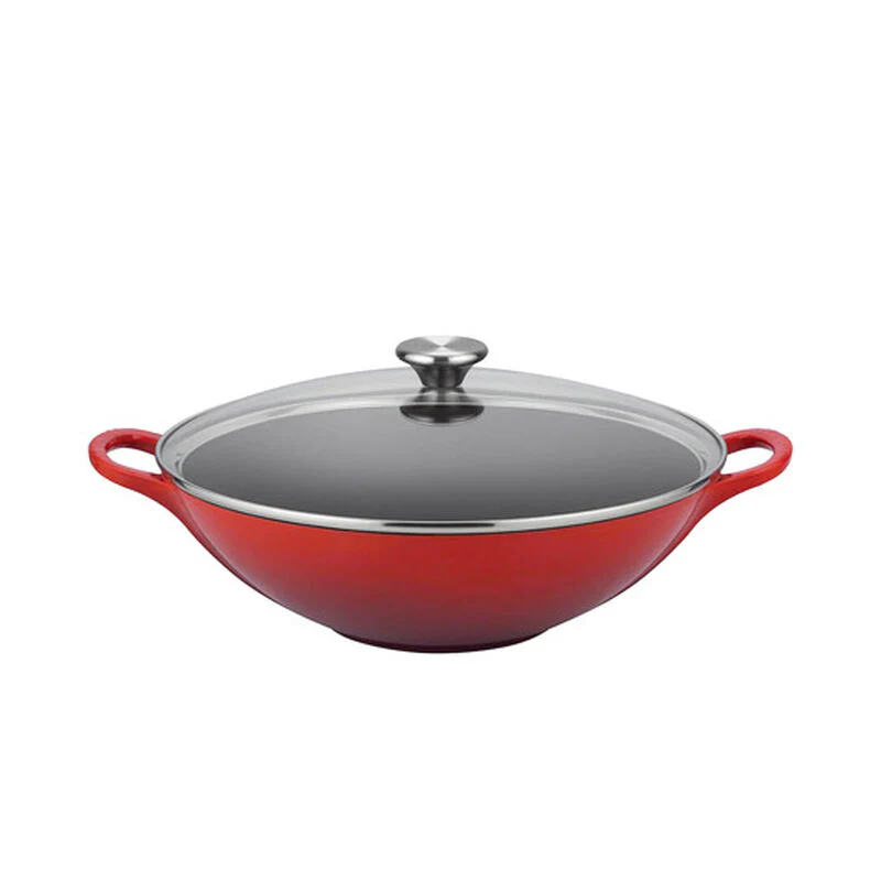 Wok with Glass Lid, Cerise Enameled Cast Iron - Image 1