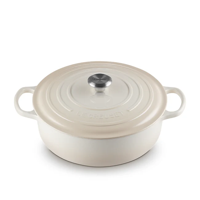 Shallow Round Oven, Meringue Enameled Cast Iron