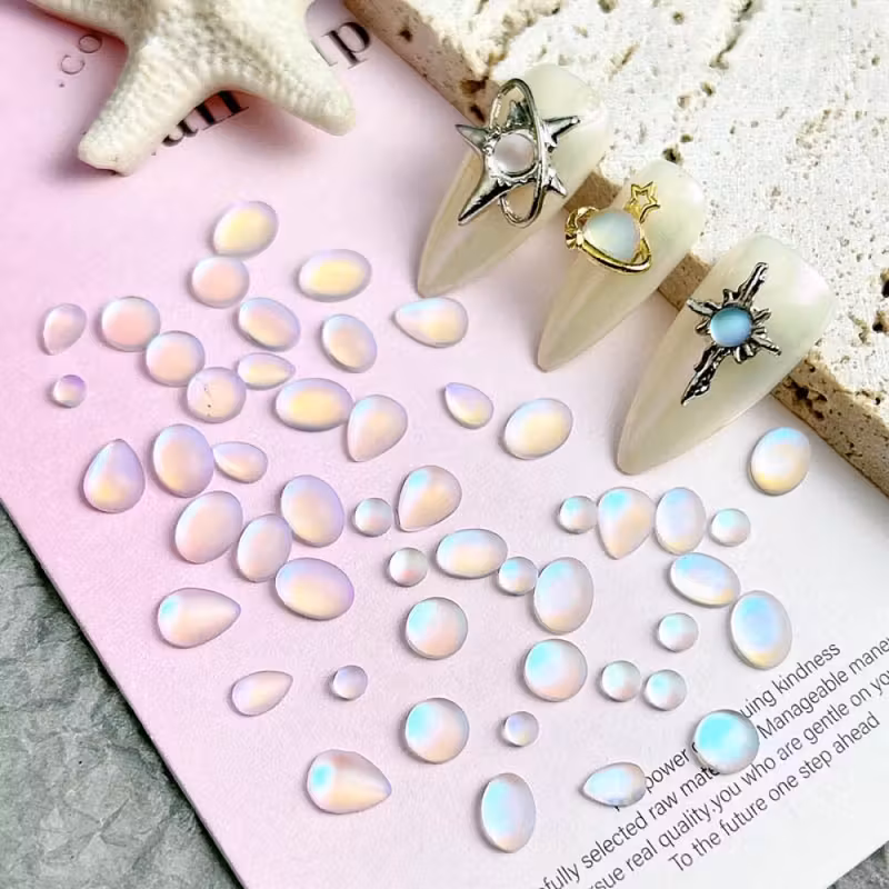 Tear Matte Frosted Glass Nail Art with Oval Water Drop Rhinestones - Image 1