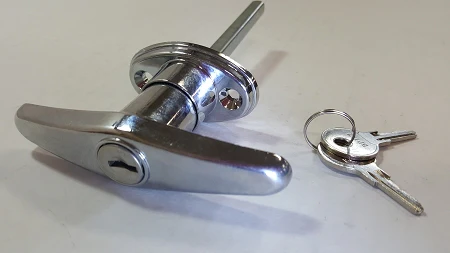 T Handle Door Latch,  Steel with Chrome finish- Locking w/ Key